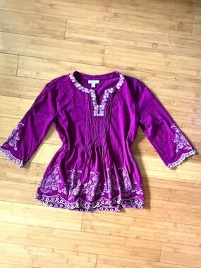 100% Cotton Embroidered Magenta Blouse Pintuck Boho Tunic Flowy Top